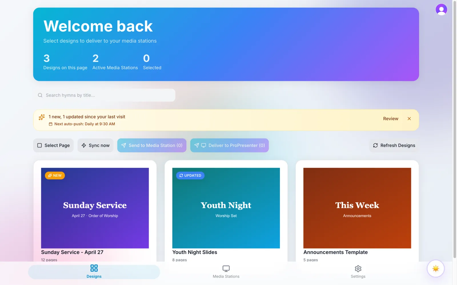 TurboSync Pro dashboard showing worship designs ready to sync to media stations