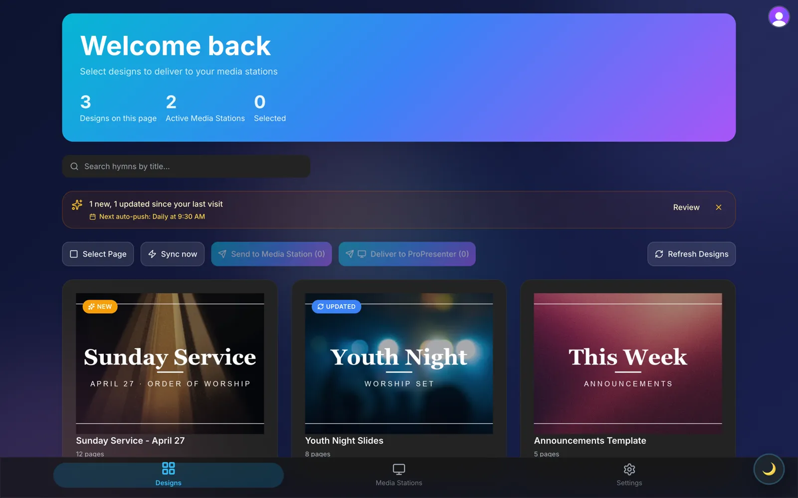 TurboSync Pro dashboard (dark mode) showing worship designs ready to sync to media stations