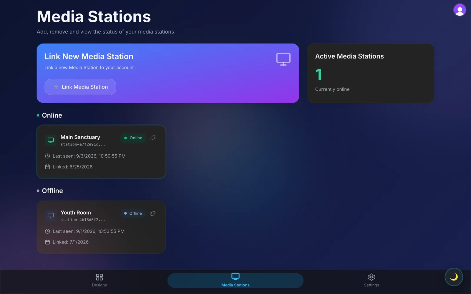 TurboSync Pro media stations (dark mode): Main Sanctuary online and Youth Room offline, with live status