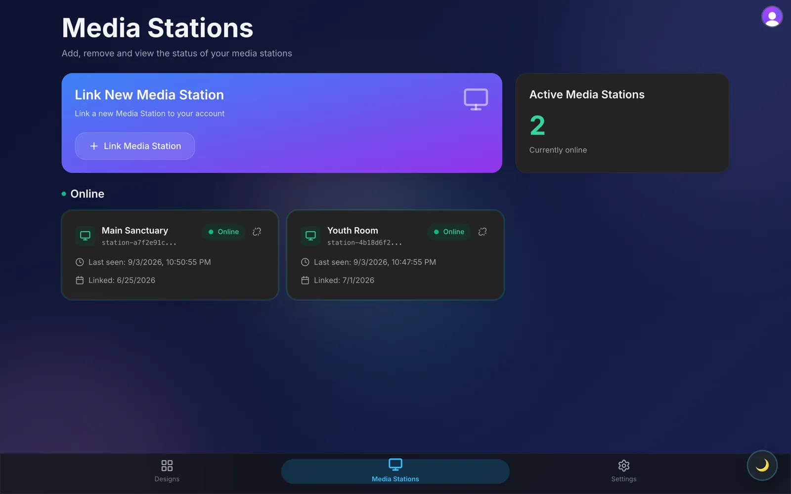 TurboSync Pro media stations (dark mode) with Main Sanctuary and Youth Room both online