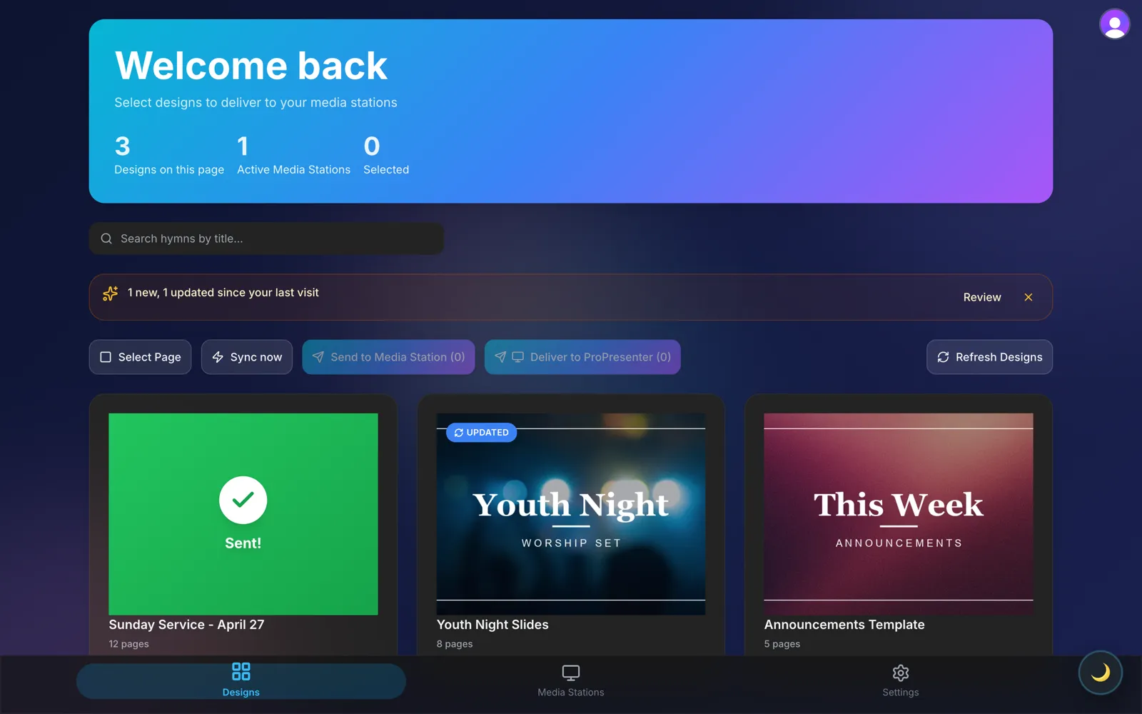 A worship design delivered to a media station in TurboSync Pro (dark mode), showing the Sent confirmation