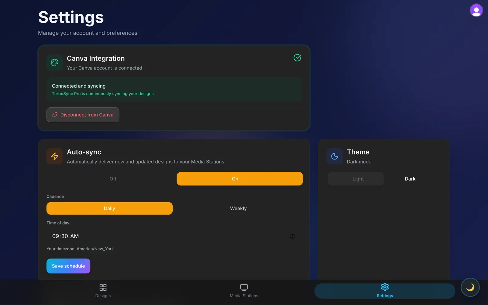TurboSync Pro settings (dark mode) with the Canva account connected and daily auto-sync on