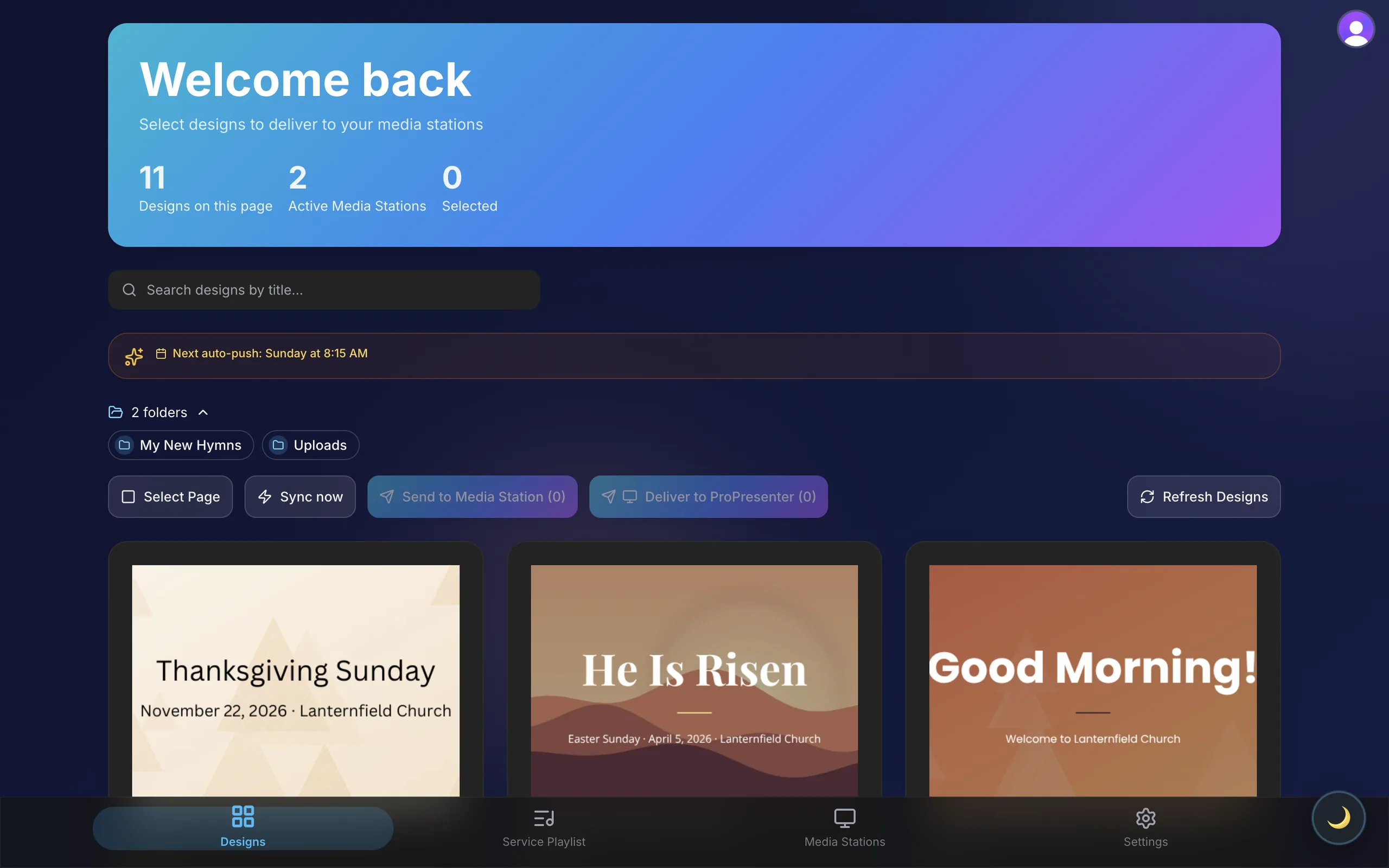 TurboSync Pro dashboard showing a team's Canva presentation designs ready to send to two online Media Stations